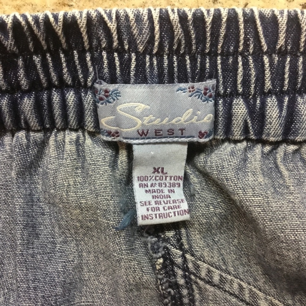 Blue Patchwork Denim Skirt‎ Vintage XL A-Line Elastic Back Boho Midi 100 Cotton - Picture 7 of 8
